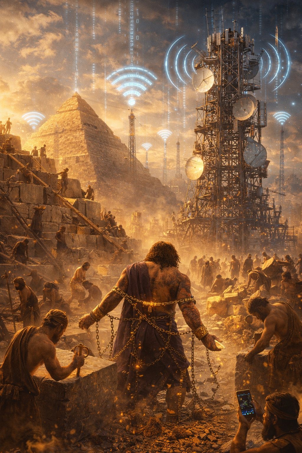 A man bound in chains facing ancient Babylon and the radio towers of today